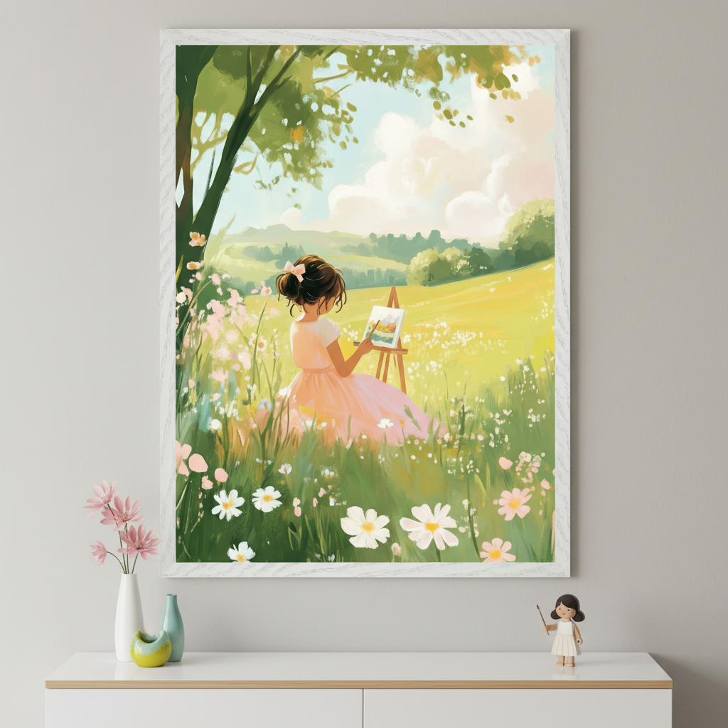 Kid's room with a white dresser against a sage green wall. A framed illustrative painting of a girl in a pink dress painting in a sunny, flower-filled meadow hangs centered above the dresser. A plush owl, wooden box, and plant in a vase sit on the dresser.