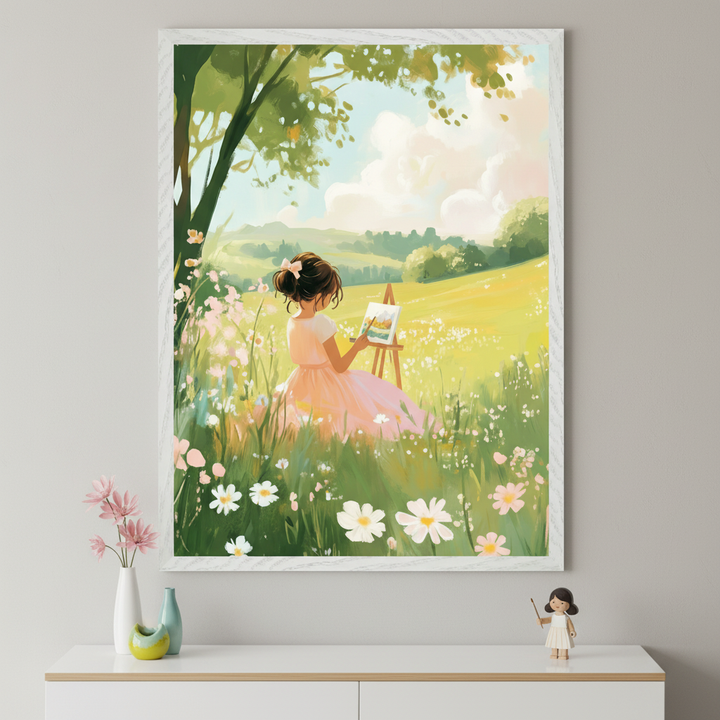Kid's room with a white dresser against a sage green wall. A framed illustrative painting of a girl in a pink dress painting in a sunny, flower-filled meadow hangs centered above the dresser. A plush owl, wooden box, and plant in a vase sit on the dresser.