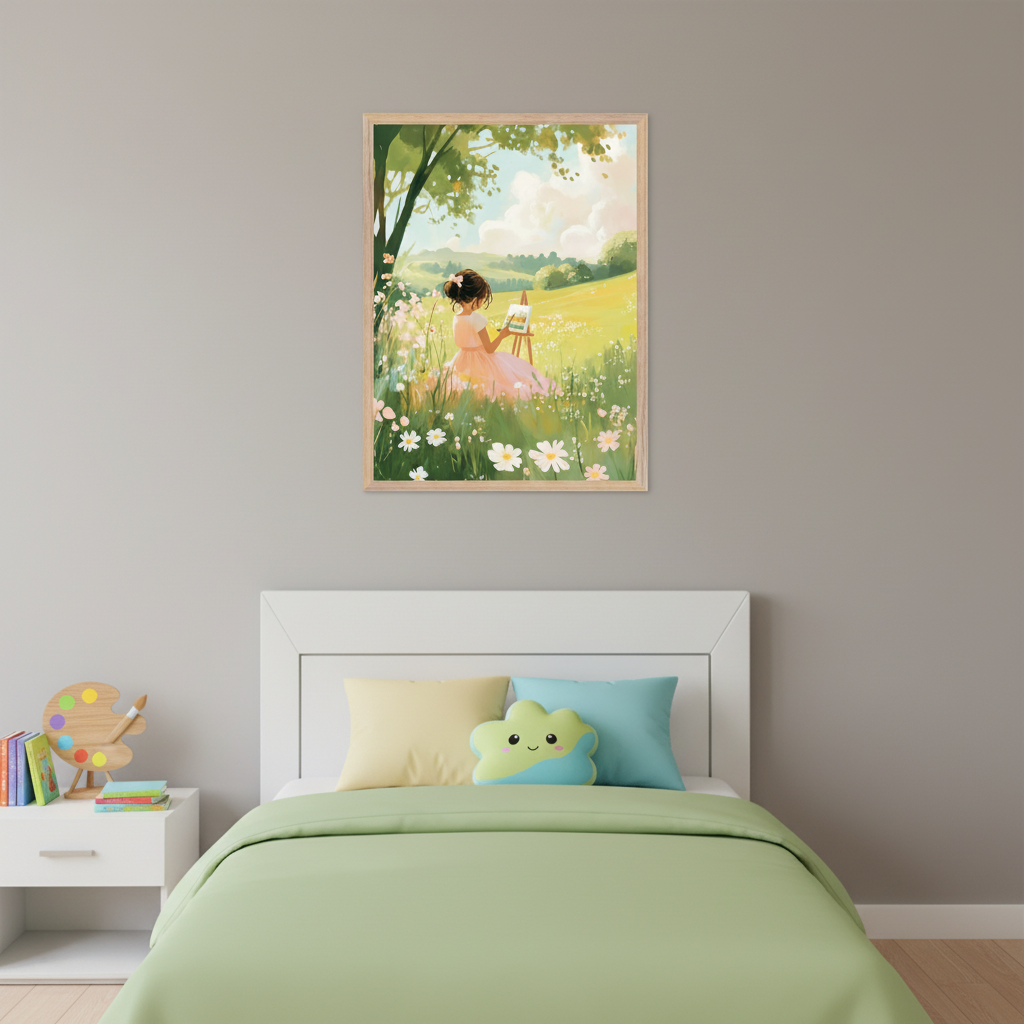 Kid's bedroom with a white bed, green duvet, and white nightstand. A framed illustration of a girl in a pink dress painting in a sunny flower meadow, in a bright, cartoonish style, hangs centered above the bed.