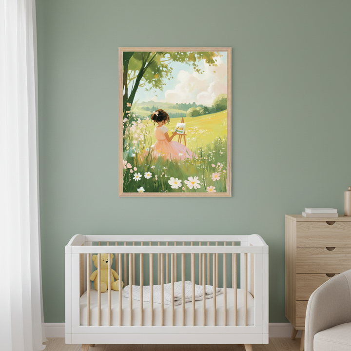 Modern nursery with a sage green wall. A framed painting of a girl in a pink dress painting in a sunny wildflower field hangs above a white wooden crib. A wood dresser and armchair are to the right.
