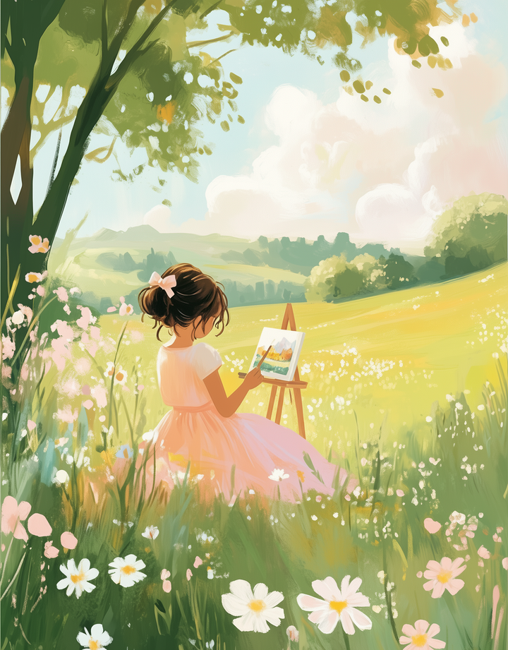 A young girl in a pink dress sits in a sunlit meadow, painting on an easel surrounded by daisies and wildflowers. The scene is peaceful, with rolling hills and fluffy clouds in the background, shaded by a leafy tree.
