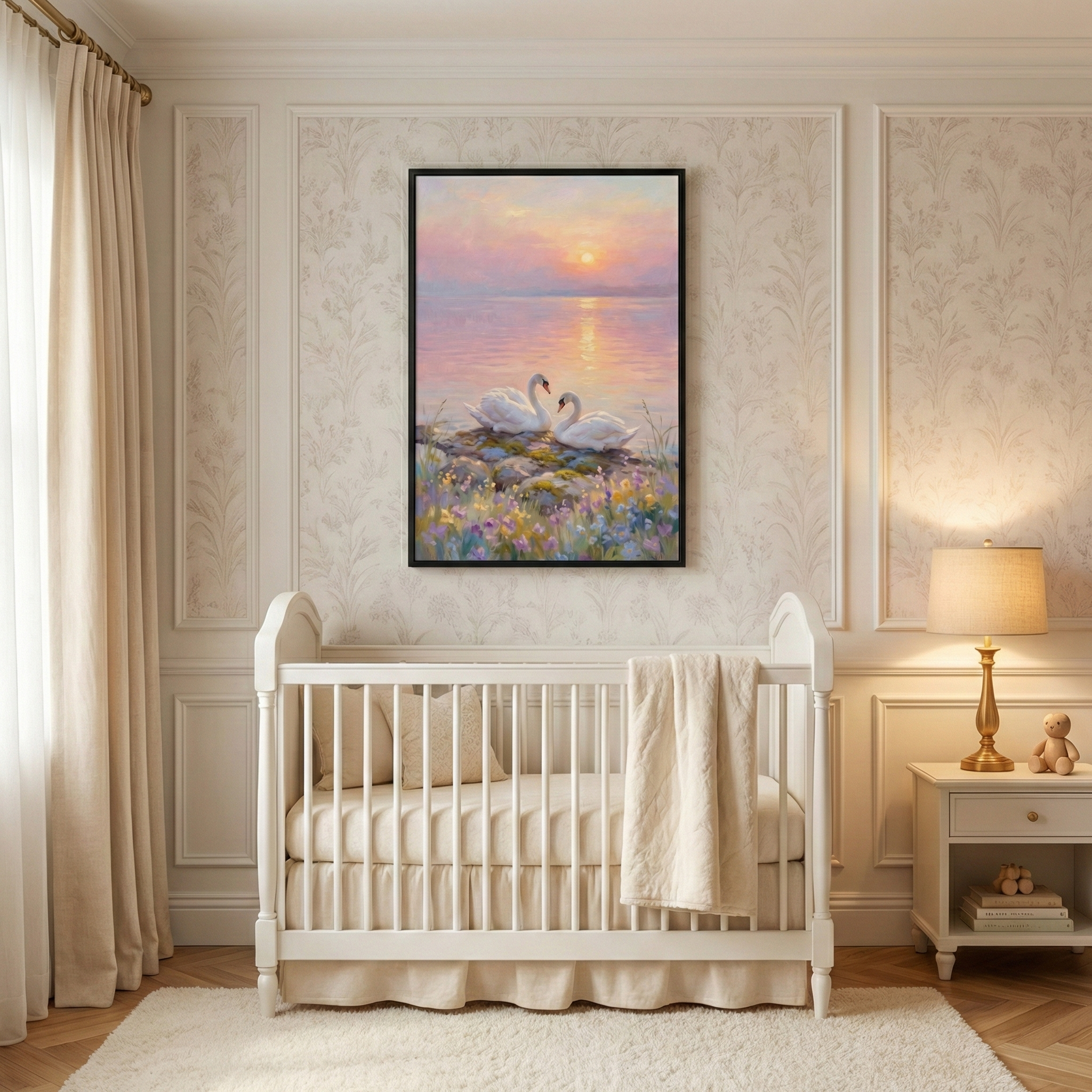 A peaceful nursery in soft neutral tones. A white wooden crib with beige bedding and a folded blanket sits centered in the room. Hanging on the paneled wall above is a large framed canvas depicting two white swans nestled among colorful flowers on a shoreline at sunset. To the right is a white nightstand with a lamp and a small teddy bear. Long cream curtains hang to the left, and a white plush rug lies on the floor, all bathed in the warm, gentle glow of the evening light.