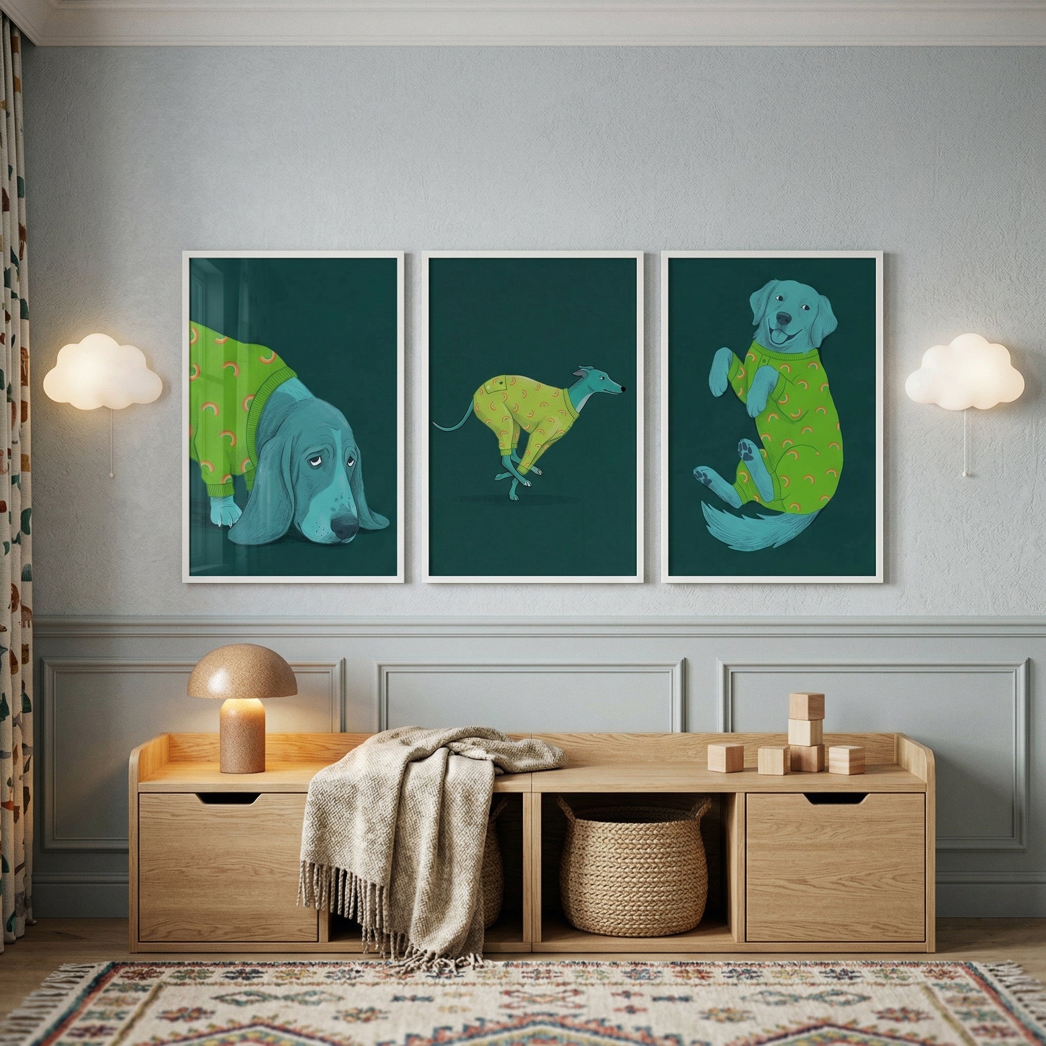 Pajama Wearing Blue Dog Wall Art Set of 3 - Cozy Canine Dreams