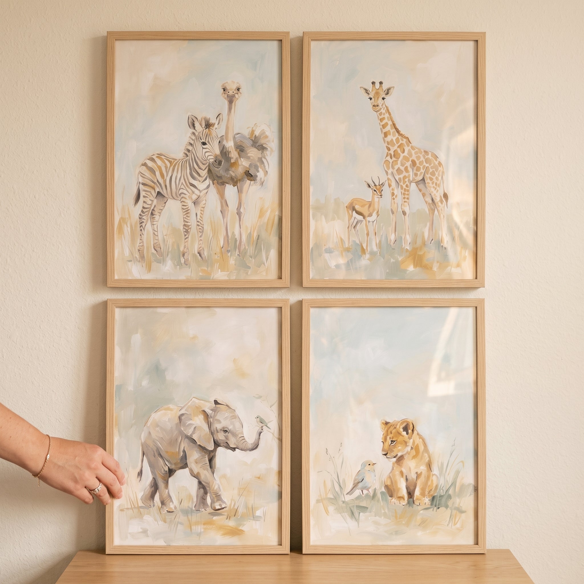 Pale Blue Safari Animals Wall Art Set of 4 - Sweet Safari Friends