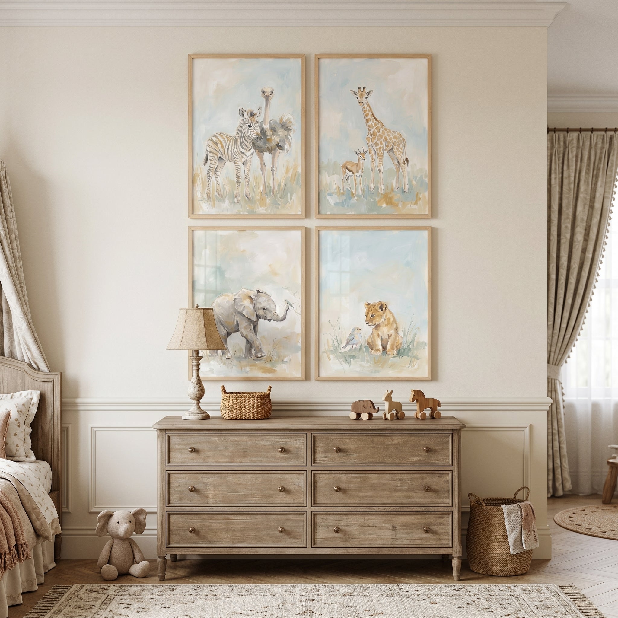 Pale Blue Safari Animals Wall Art Set of 4 - Sweet Safari Friends
