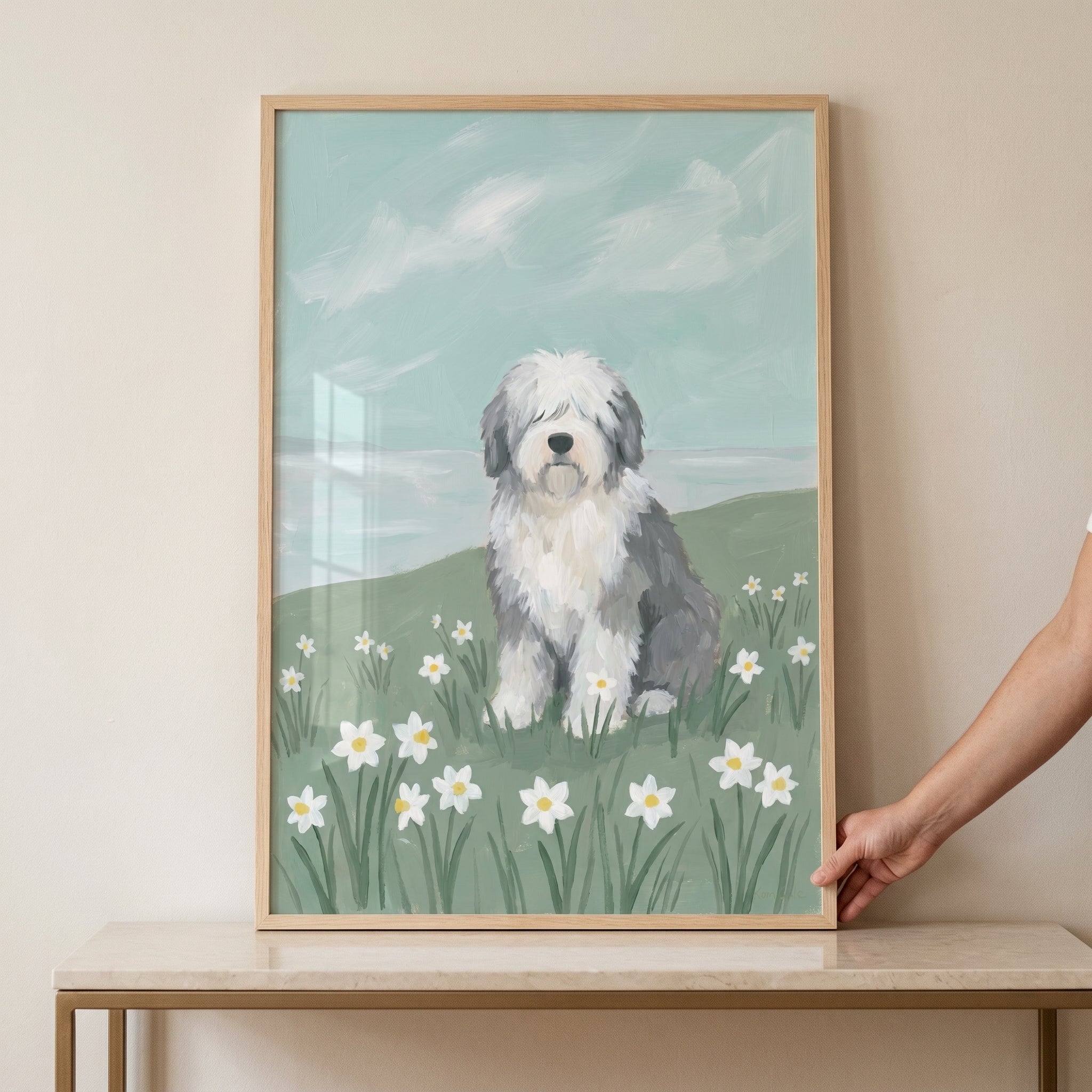 Pale Blue Sky Sheepdog Print - Shaggy Meadow Bloom