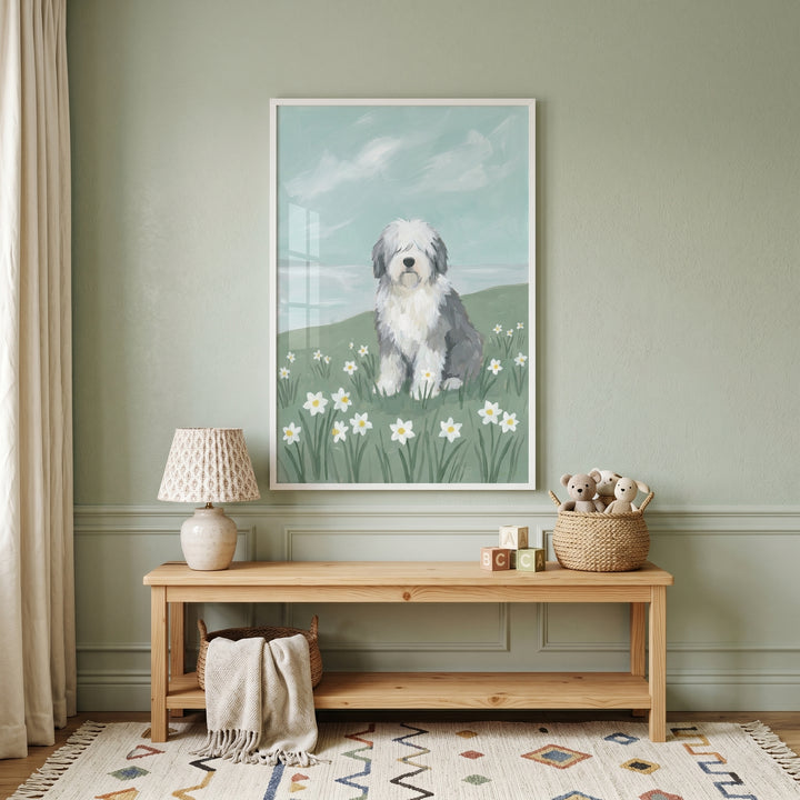 A pale blue sky sheepdog print hangs on a green wall above a wooden bench with a lamp and toys.
