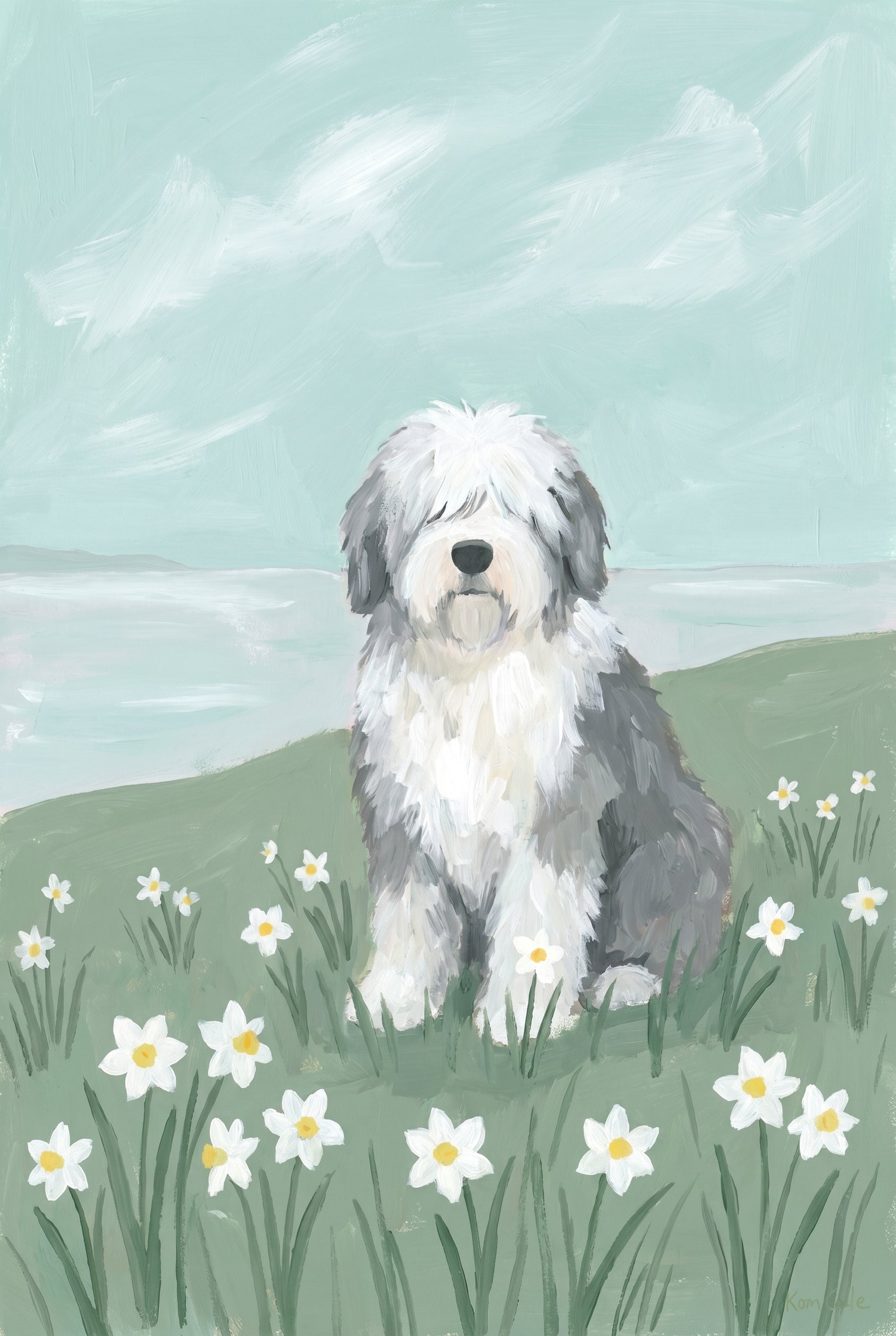 Pale Blue Sky Sheepdog Print - Shaggy Meadow Bloom