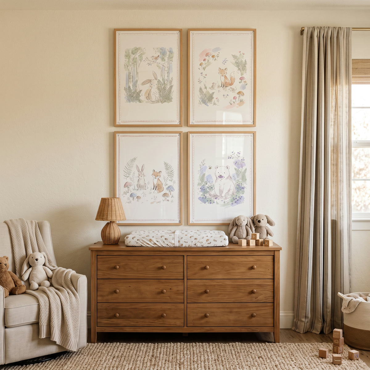 Pale Botanical Forest Animal Wall Art Set of 4 - Sweet Meadow Sketches