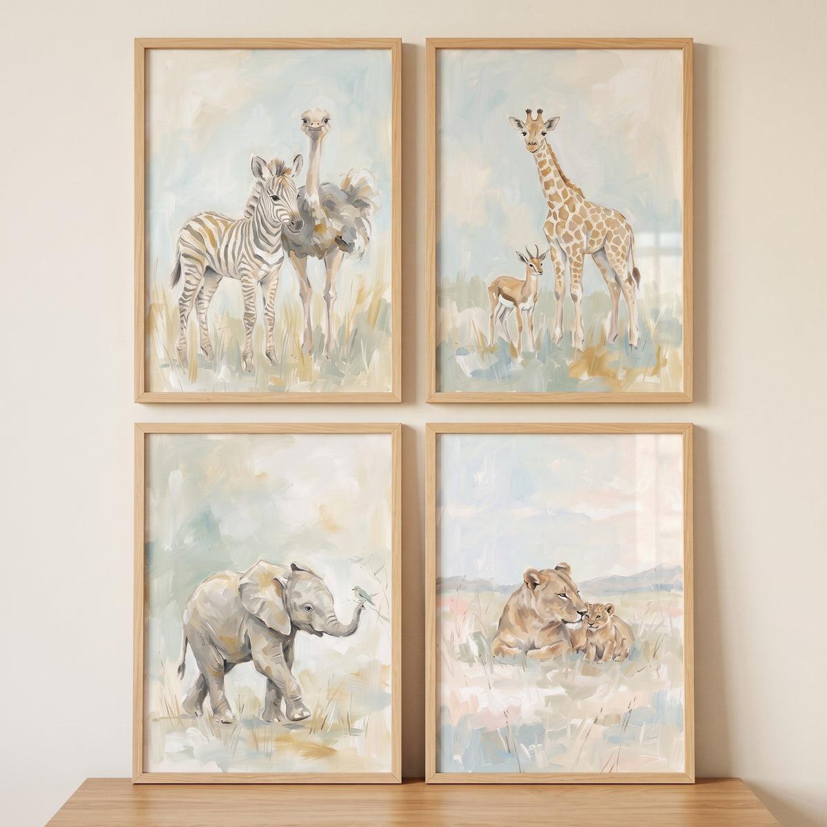 Pale Neutral Safari Animals Wall Art Set Of 4 - Savannah Friends