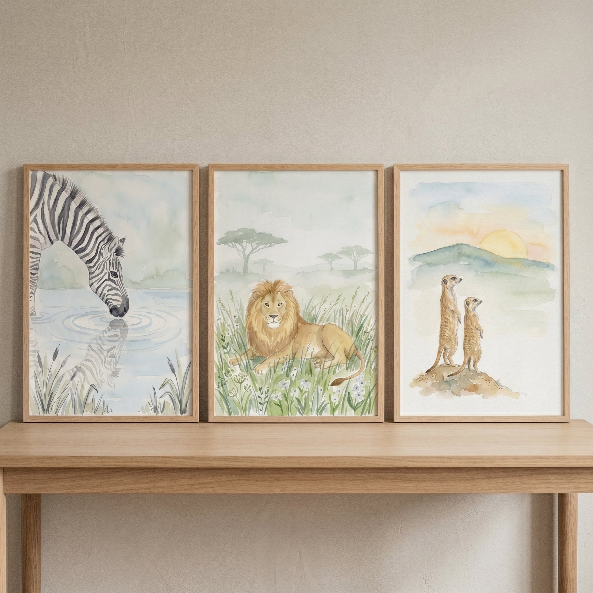 Pale Palette Safari Animal Wall Art Set of 3 - Serene Safari Life