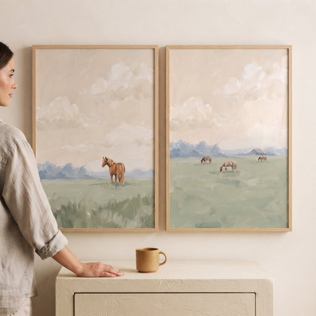 Pale Peach Meadow Horse Wall Art Set of 2 - Quiet Pasture View
