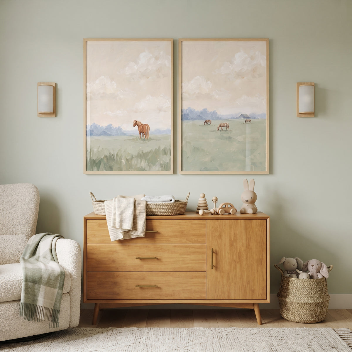 Pale Peach Meadow Horse Wall Art Set of 2 - Quiet Pasture View