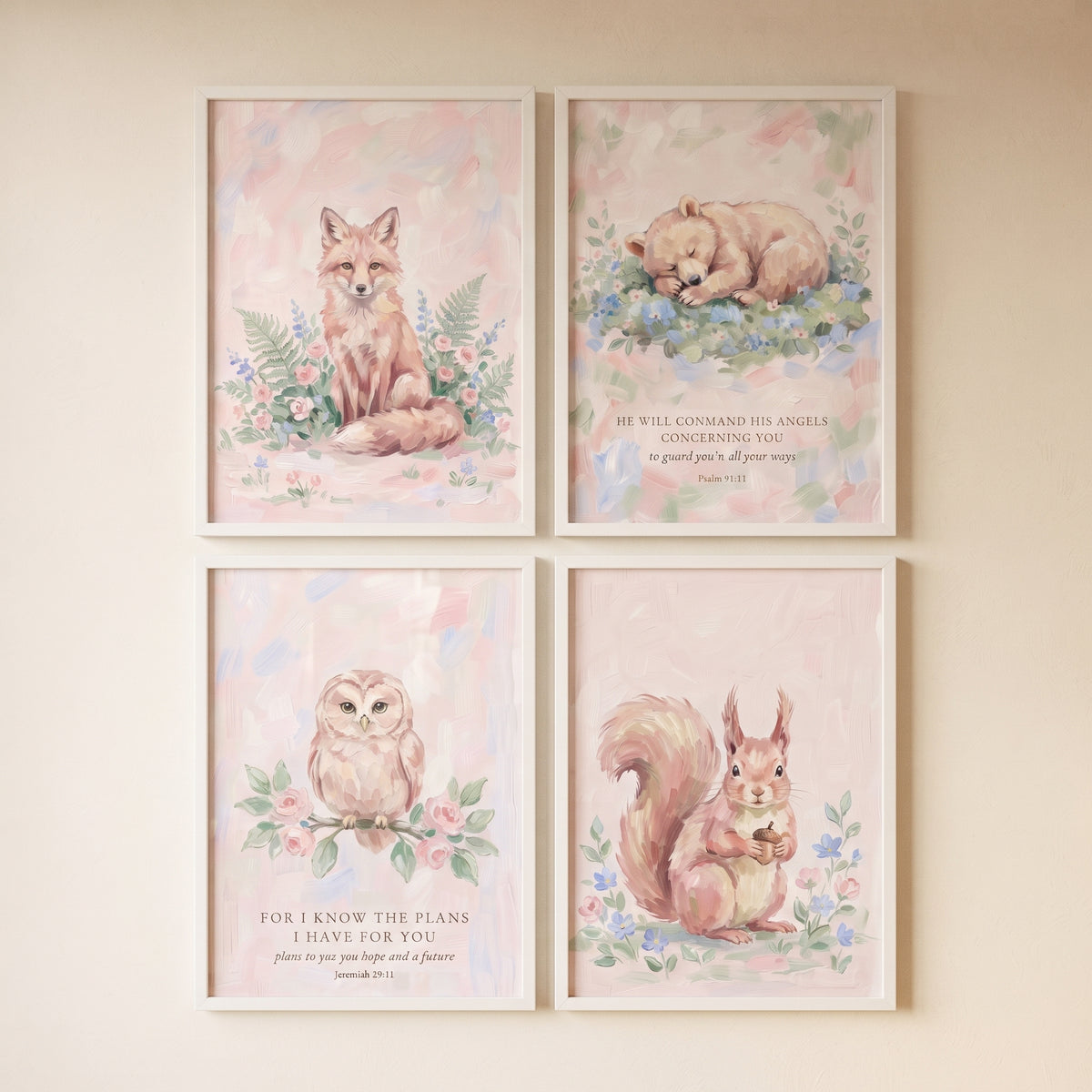 Pale petal woodland animals wall art set of 4 featuring a fox, bear, owl, and squirrel with soft floral watercolor details.