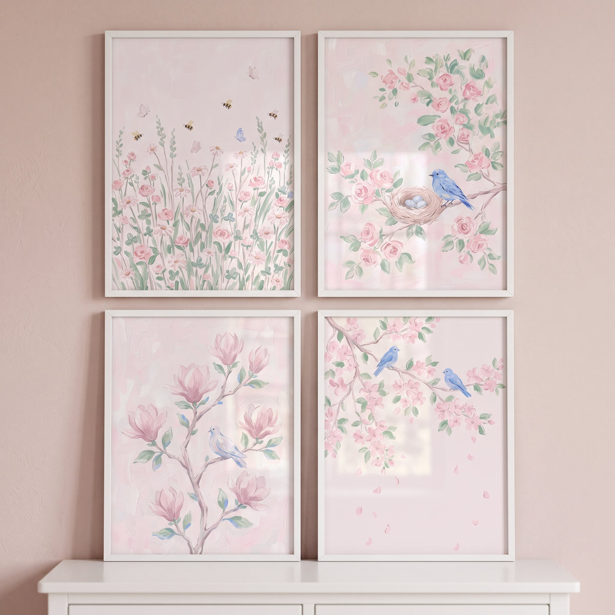 Pale Pink Floral Garden Wall Art Set Of 4 - Soft Petal Dreams