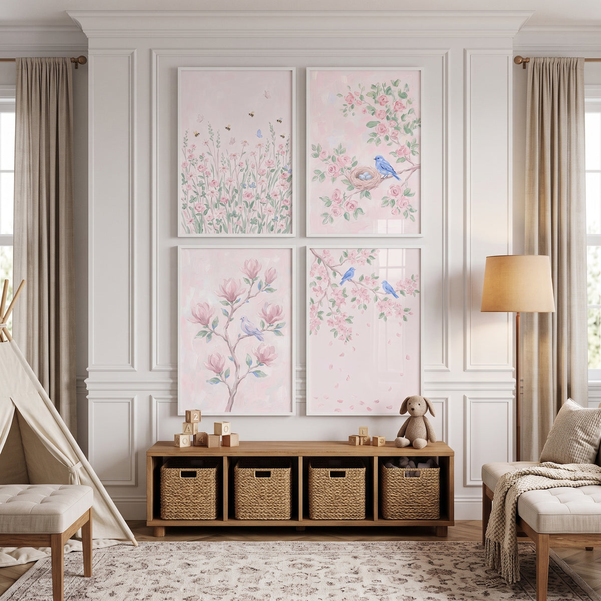 Pale Pink Floral Garden Wall Art Set Of 4 - Soft Petal Dreams