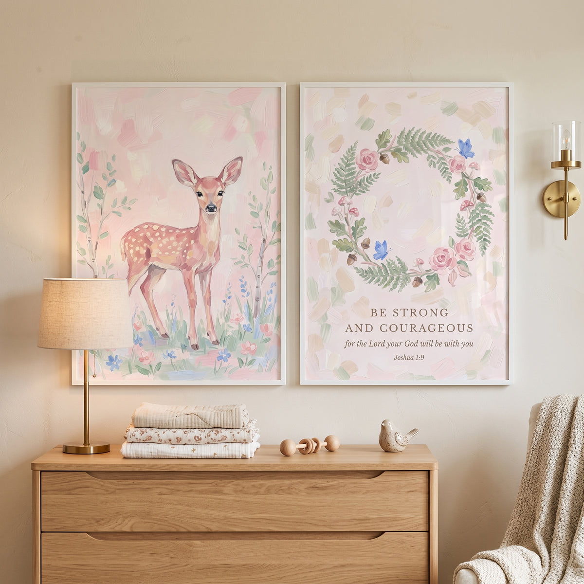 Pale Pink Forest Floral Wall Art Set of 2 - Faithful Forest Fawn