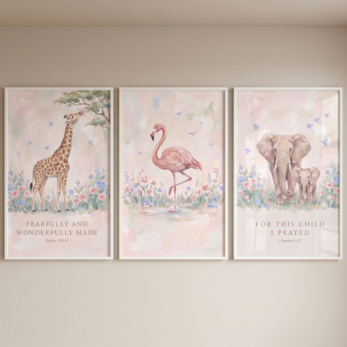 Pale pink savanna animals wall art set of 3 featuring a giraffe, flamingo, and elephants with scripture.