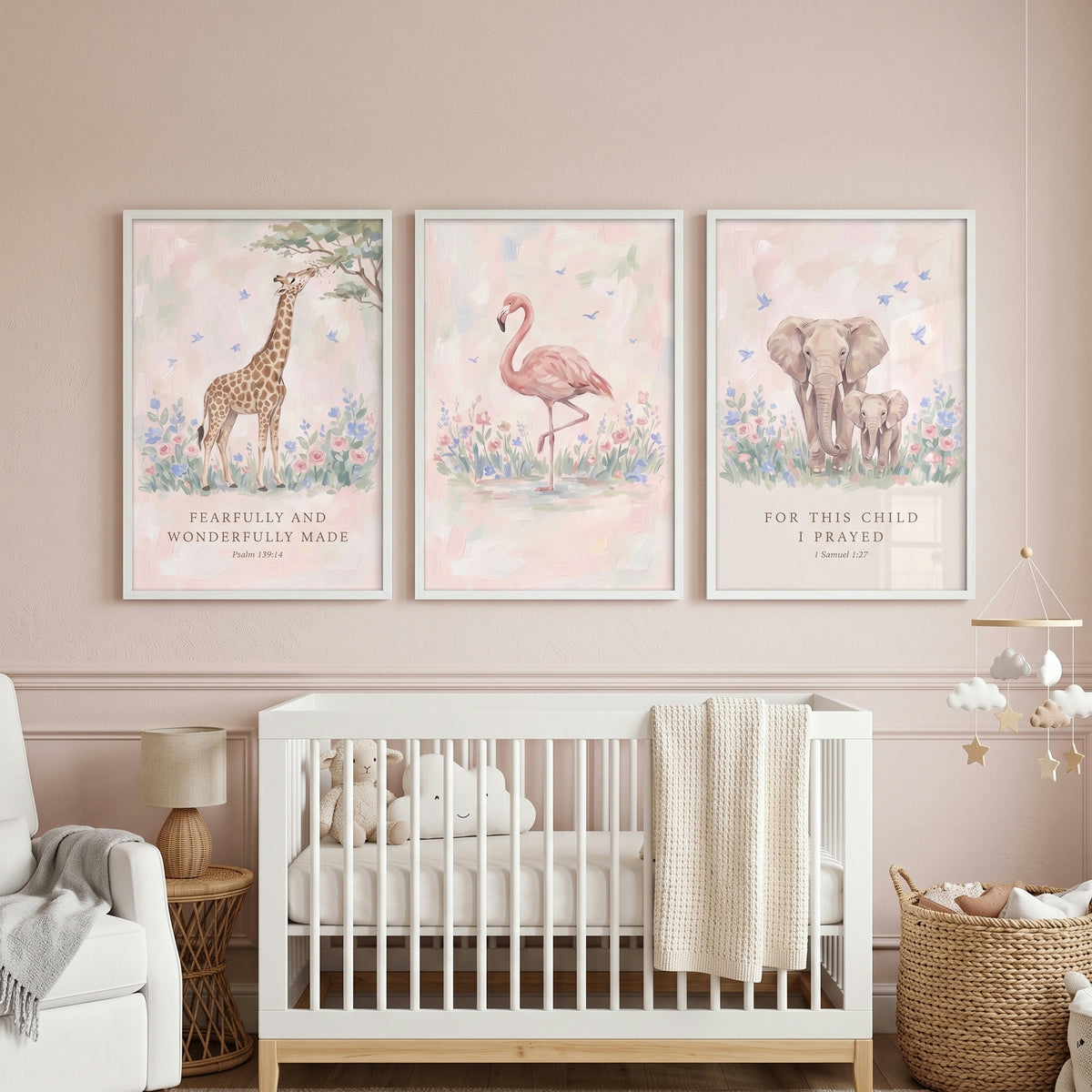 Pale Pink Savanna Animals Wall Art Set Of 3 - Safari Blessing Prints