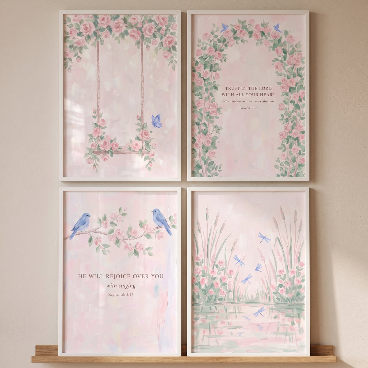 Pale Pink Watercolor Garden Artwork Set Of 4 - Serene Floral Verses