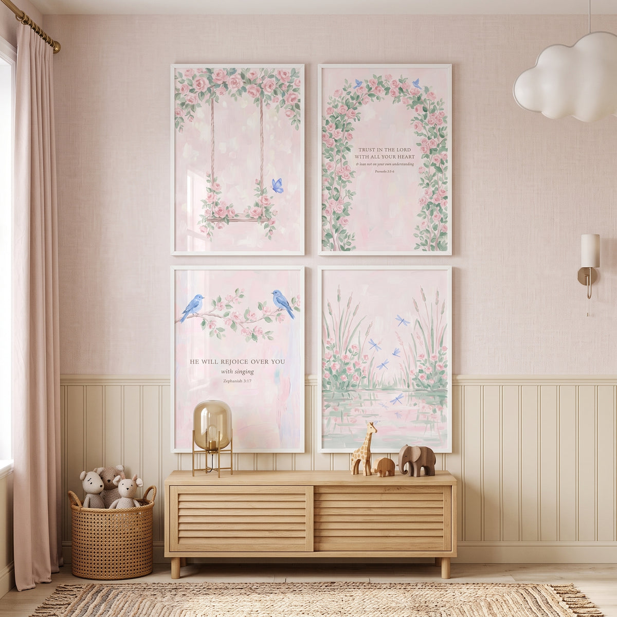 Pale Pink Watercolor Garden Artwork Set Of 4 - Serene Floral Verses