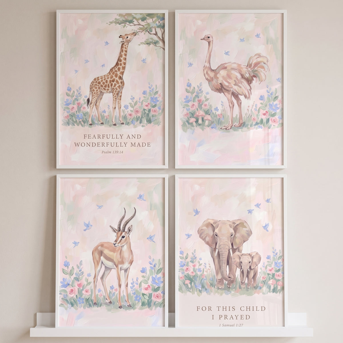 Pale Rose Safari Animals Wall Art Set Of 4 - Faithful Wild Friends