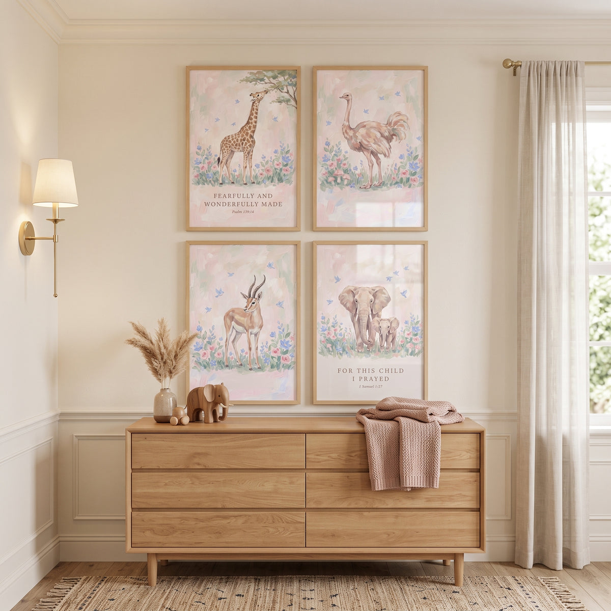 Pale Rose Safari Animals Wall Art Set Of 4 - Faithful Wild Friends