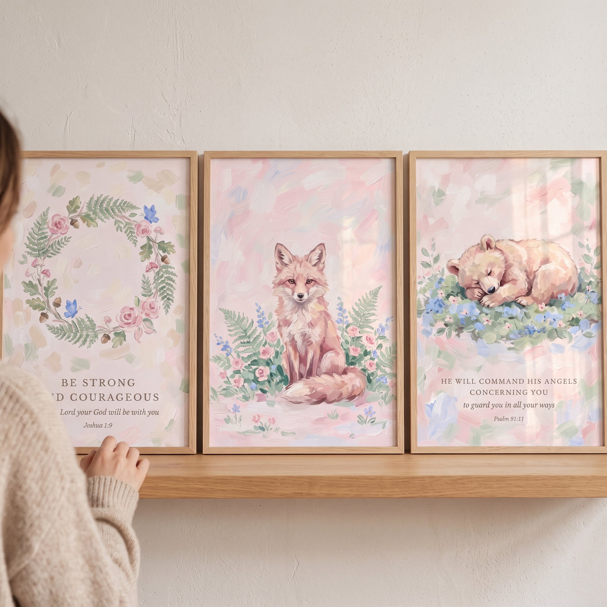 Pale Rose Woodland Animals Wall Art Set of 3 - Woodland Scripture Set