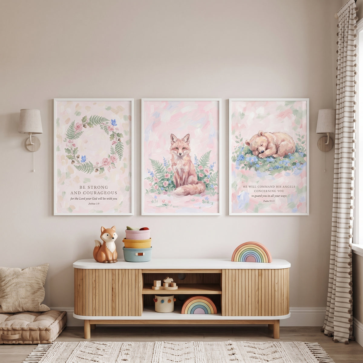 Pale Rose Woodland Animals Wall Art Set of 3 - Woodland Scripture Set