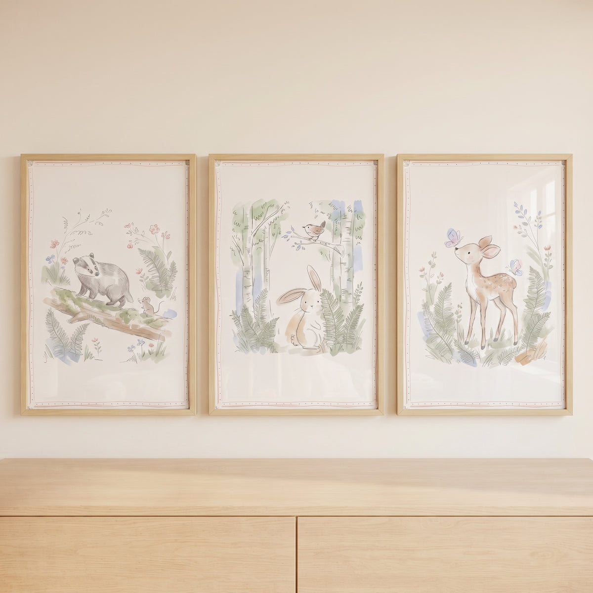 Pale watercolor woodland animal wall art set of 3 featuring a badger, rabbit, and deer above a wooden dresser.