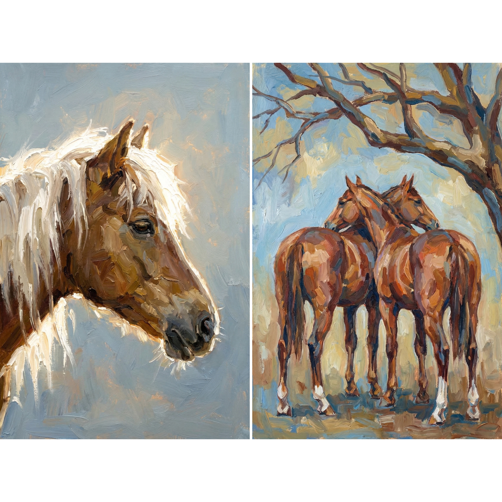 Palette Knife Brown Horse Wall Art Set of 2 - Golden Mane Spirit
