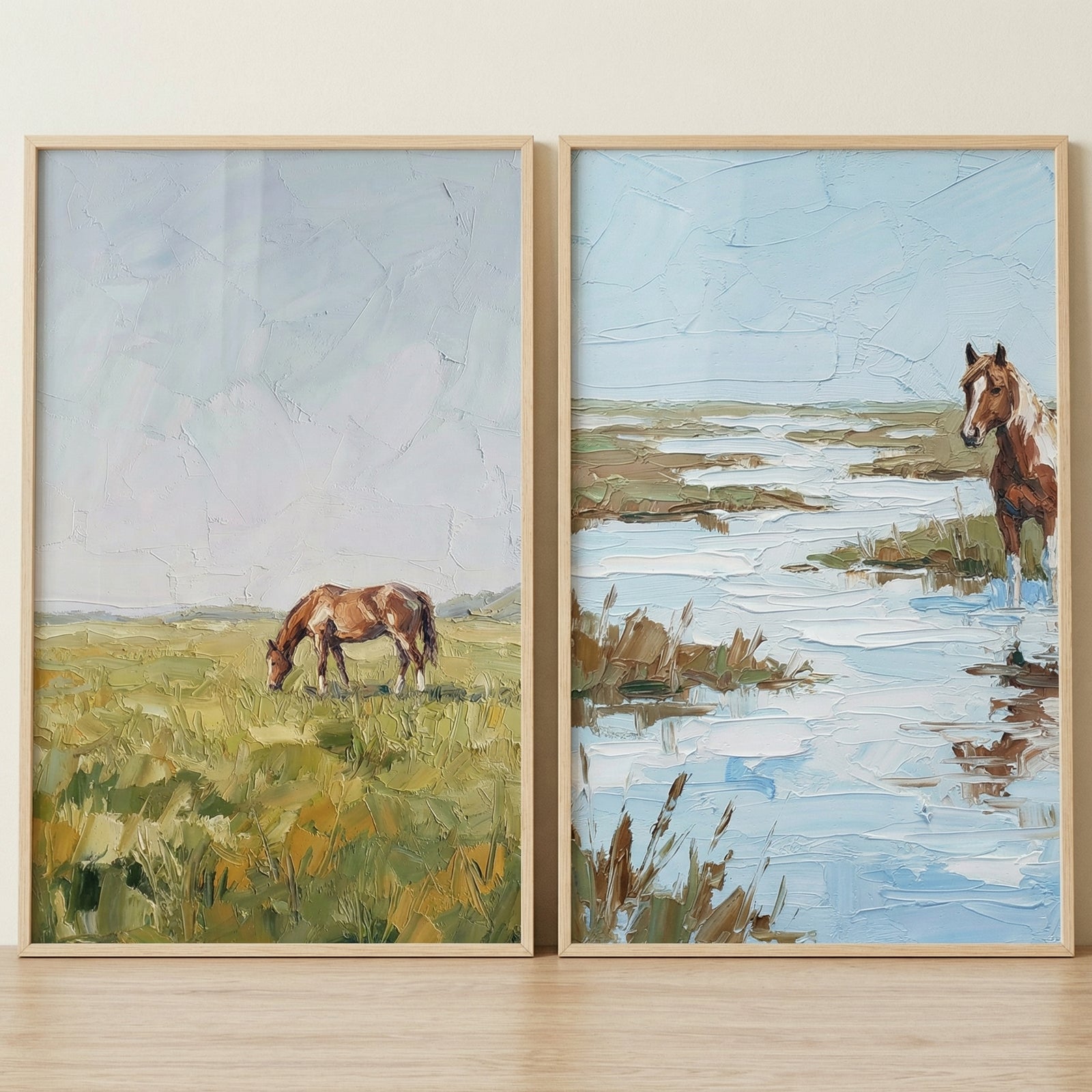 Two framed textured landscape paintings featuring horses in open nature, one showing a brown horse grazing in a green field under a soft sky and the other showing a horse standing in shallow water surrounded by marshland. The artwork highlights a calm pastoral setting with soft earthy tones and visible brushstrokes.
