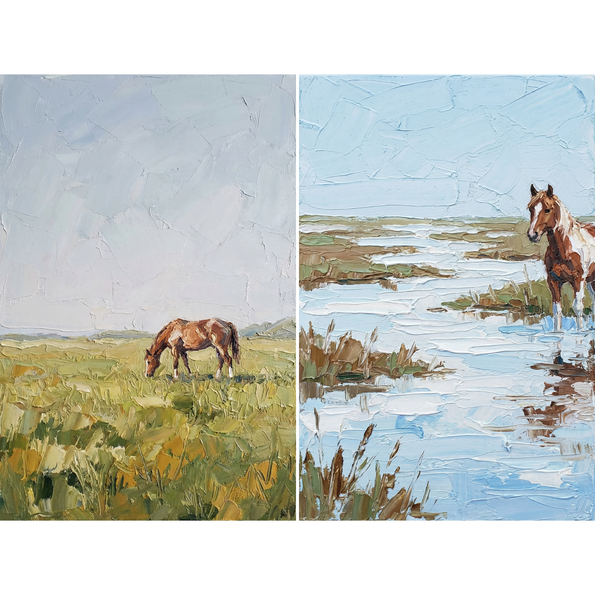 Palette Knife Landscape Horse Wall Art Set of 2 - Wild Horse Horizon