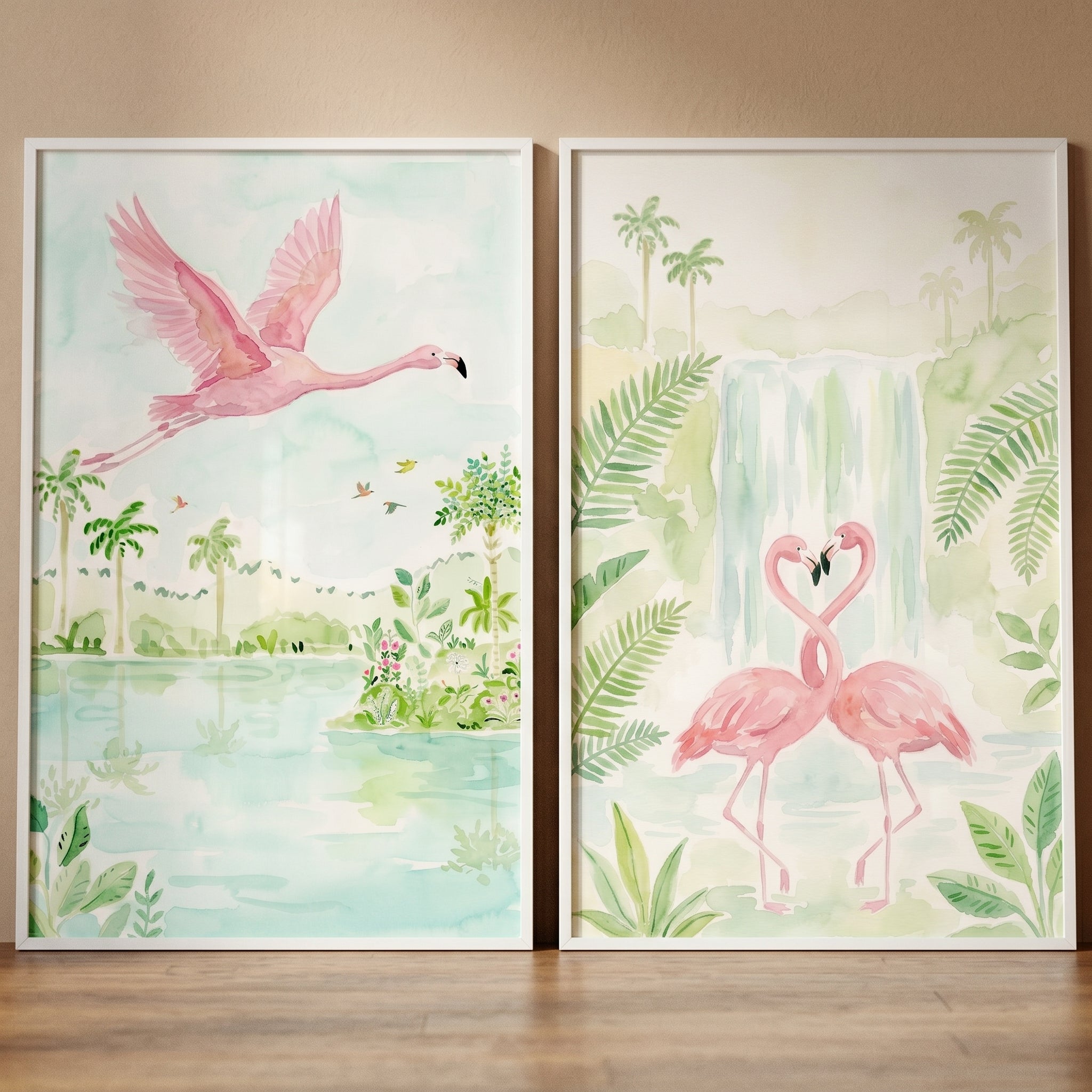 Palm Pink Flamingo Wall Art Set of 2 - Tropical Flamingo Dreams