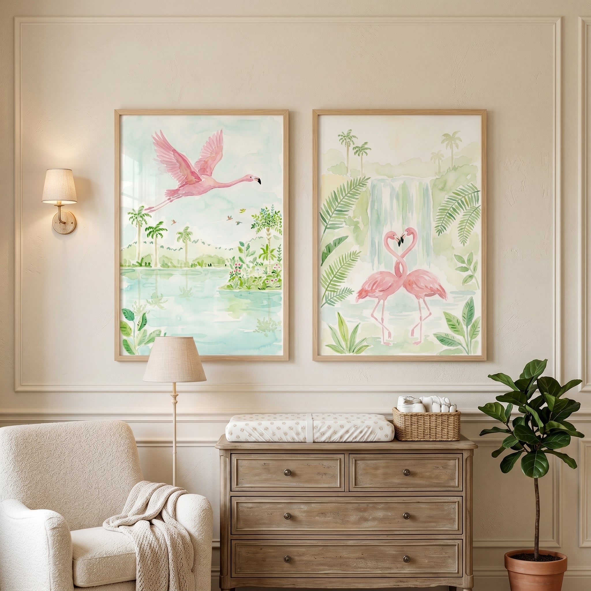 Palm Pink Flamingo Wall Art Set of 2 - Tropical Flamingo Dreams