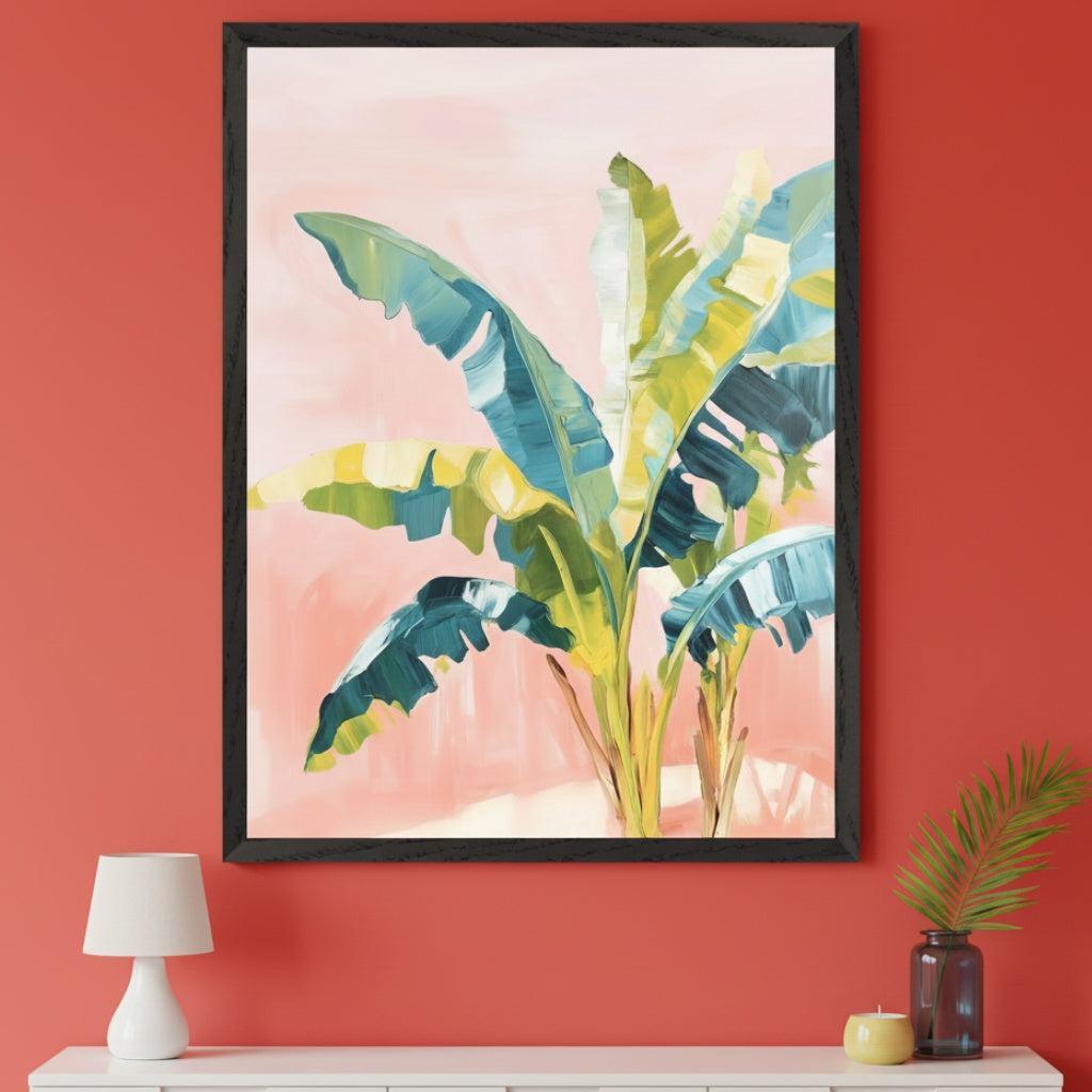 Modern living room with a red wall. A large black-framed impressionistic painting of green and blue tropical leaves on a pink background hangs above a white console table. A white lamp and a palm frond in a vase are on the table.