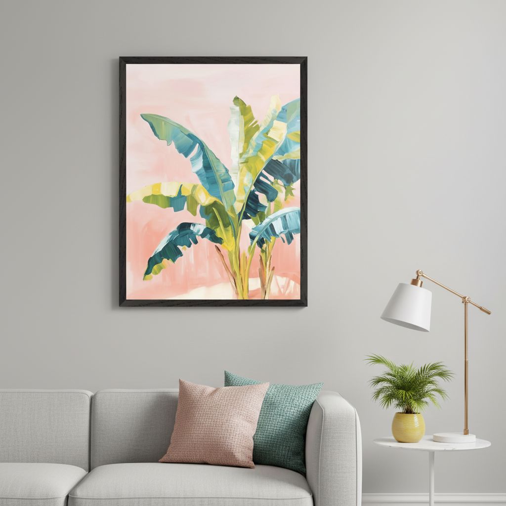 Living room with a light grey sofa. A large framed painting of tropical banana leaves in blue, green, and yellow on a pink background hangs above the sofa. A white side table with a lamp and potted plant is to the right.