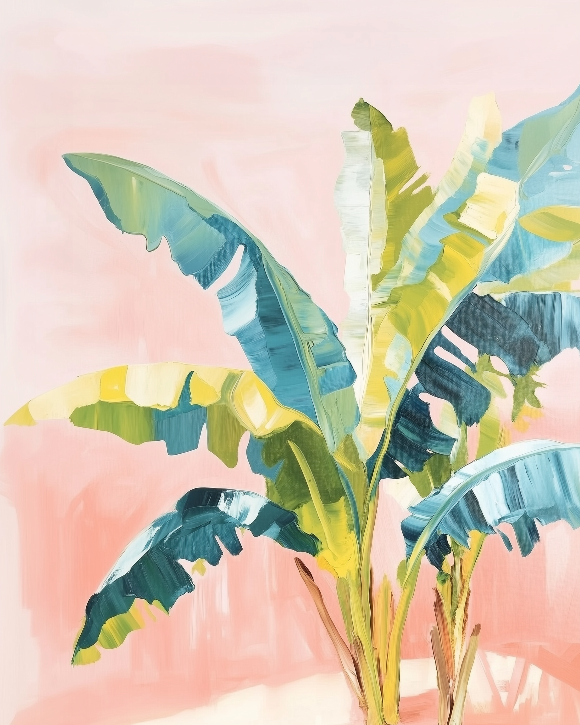 An expressive painting of a banana plant with large green and blue leaves standing against a soft pink background. The bold brushstrokes and tropical vibes add a fresh and modern touch.
