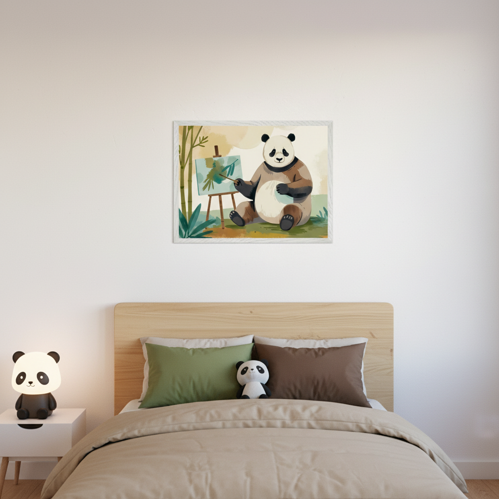 Modern kid's bedroom with a wooden headboard bed and a panda plushie. A framed watercolor-style illustration of a panda painting bamboo on an easel hangs centered above the bed on a white wall. A panda lamp is on a white nightstand.