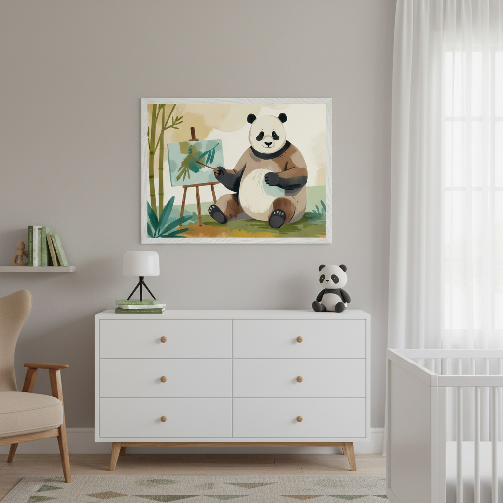 Modern nursery with a white dresser, crib, and armchair. Centered above the dresser, a framed illustration depicts a panda sitting on grass, painting bamboo on an easel in a stylized watercolor.
