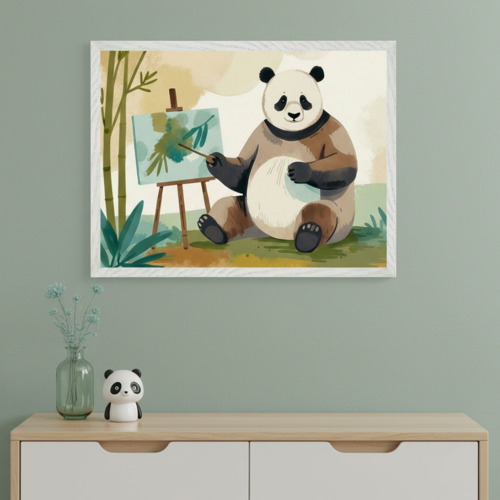 Modern room with a sage green wall and a light wood dresser with white drawers. A framed print of a cartoon panda painting bamboo on an easel hangs above the dresser. A small panda figurine and vase with flowers are on the dresser.