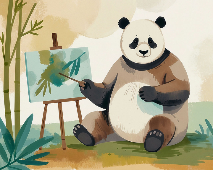 A cartoon panda sits on the grass, painting on a canvas with a brush. The canvas features abstract green and blue shapes resembling leaves. Bamboo stalks are visible in the background.