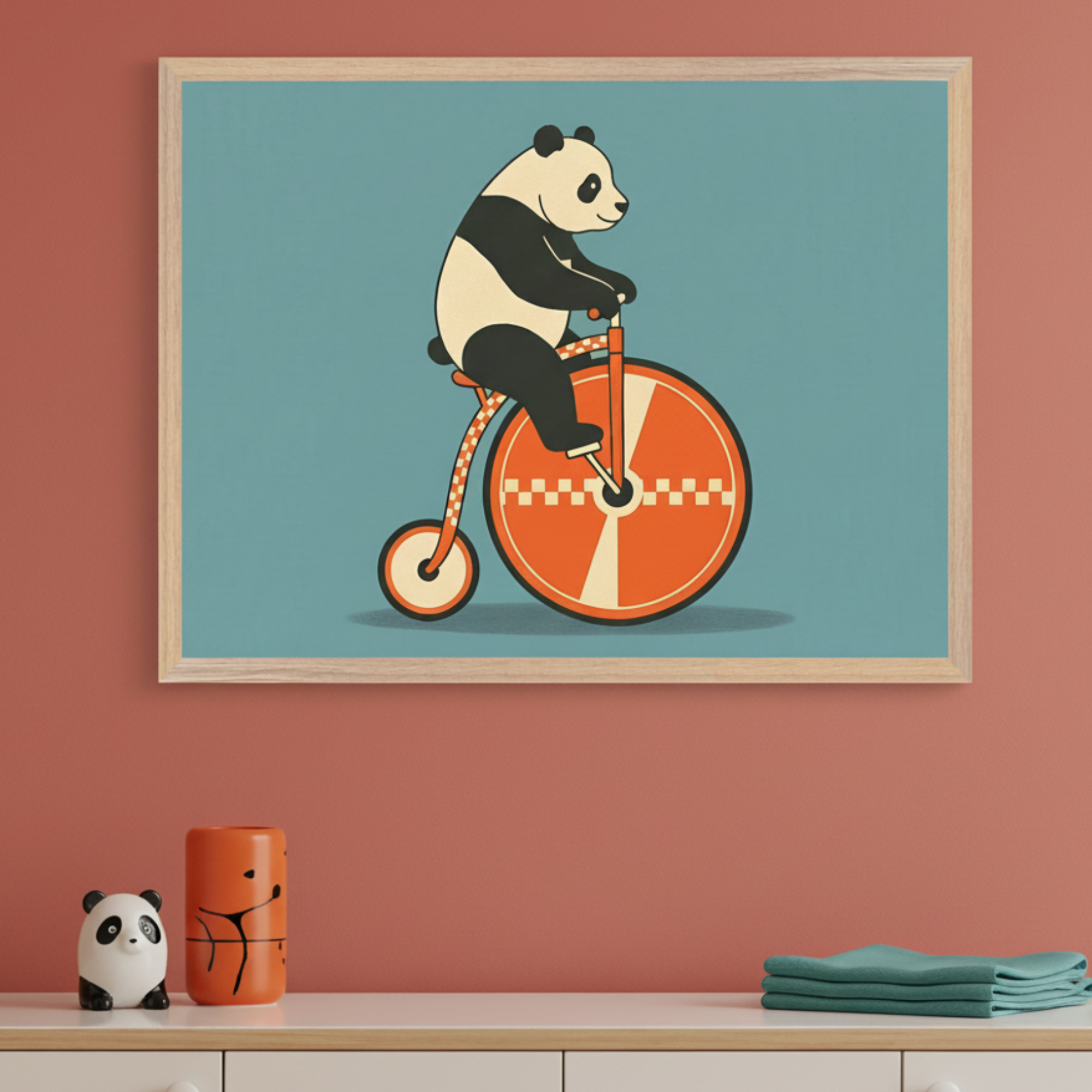 Panda Pedal Power - Panda Framed Wall Art for Nursery, Playroom or Kids Bedrooms