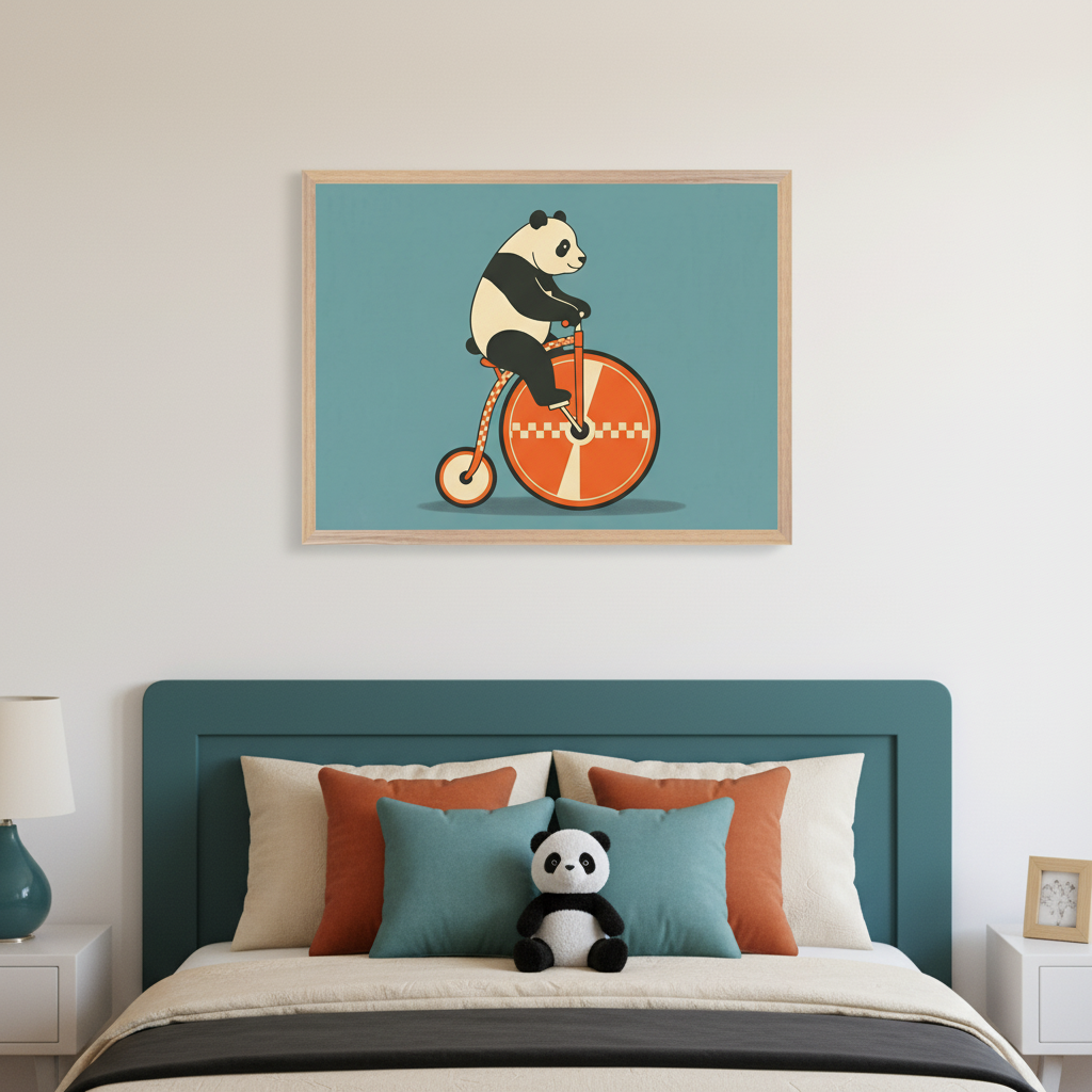 Modern bedroom with a teal headboard bed. A light wood framed illustration of a panda riding an orange penny-farthing bicycle with a checkered wheel on a teal background hangs centered above the bed. A plush panda toy sits on the bed.