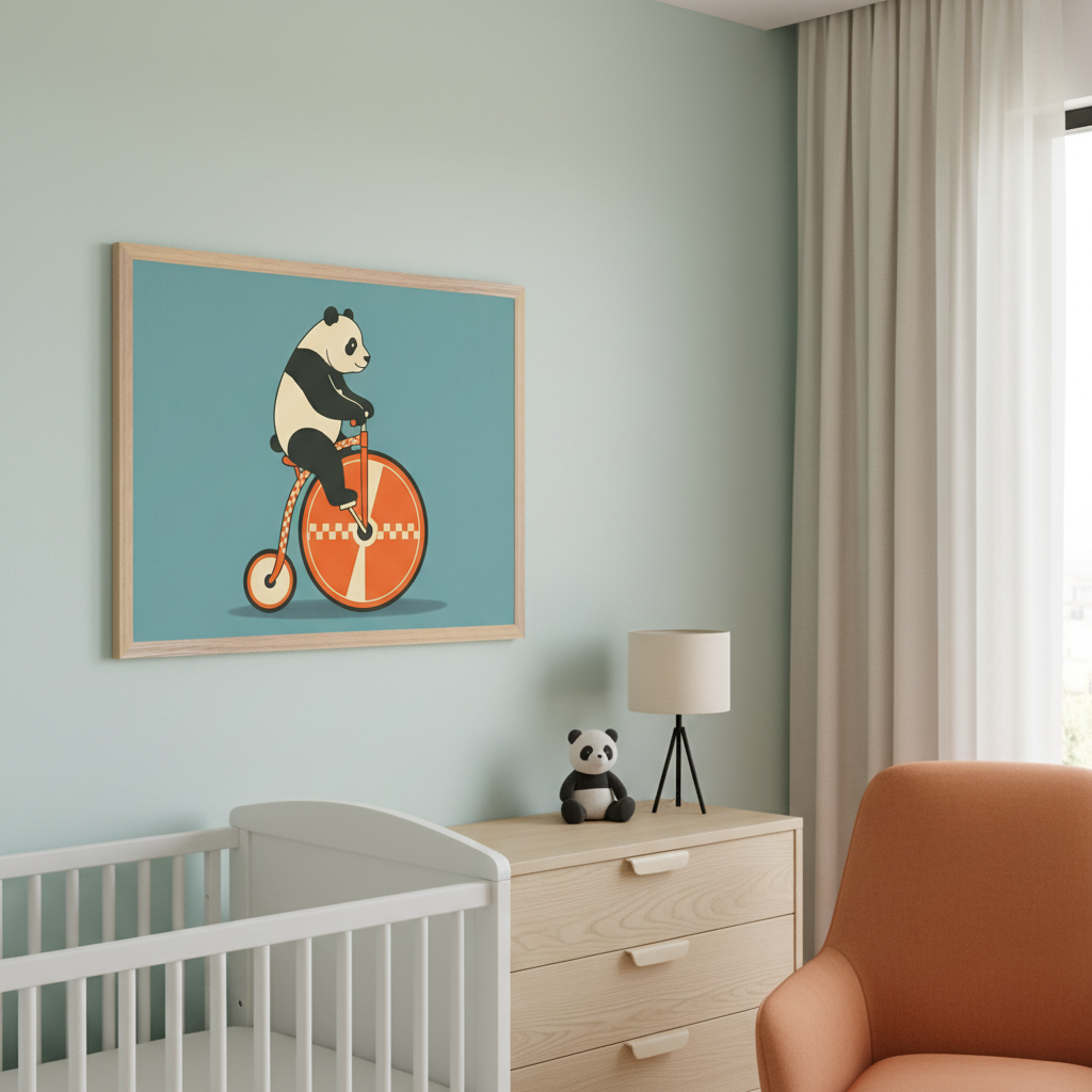 Panda Pedal Power - Panda Framed Wall Art for Nursery, Playroom or Kids Bedrooms