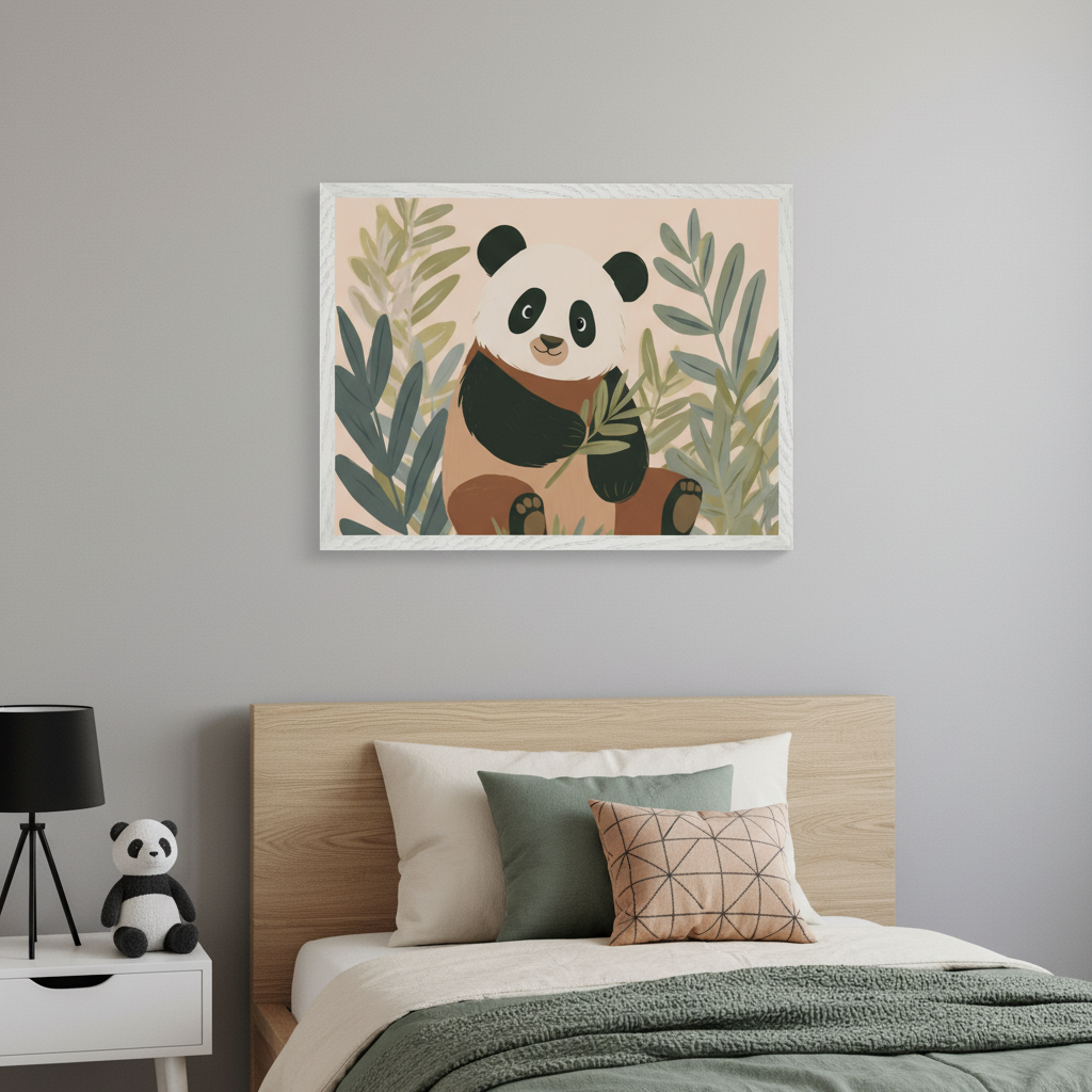 Modern kid's bedroom with a wooden bed, white nightstand, and black lamp. A framed illustration of a panda with cream, black, and brown fur, sitting among green leaves and holding a branch, hangs centered above the bed on a gray wall.