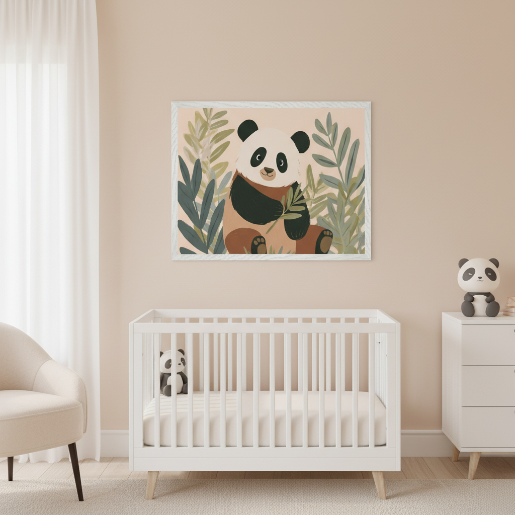 Modern nursery with a white crib, beige armchair, and white dresser. A large framed illustration of a panda holding a leaf, surrounded by green foliage, hangs centered above the crib. Two panda plush toys are visible.