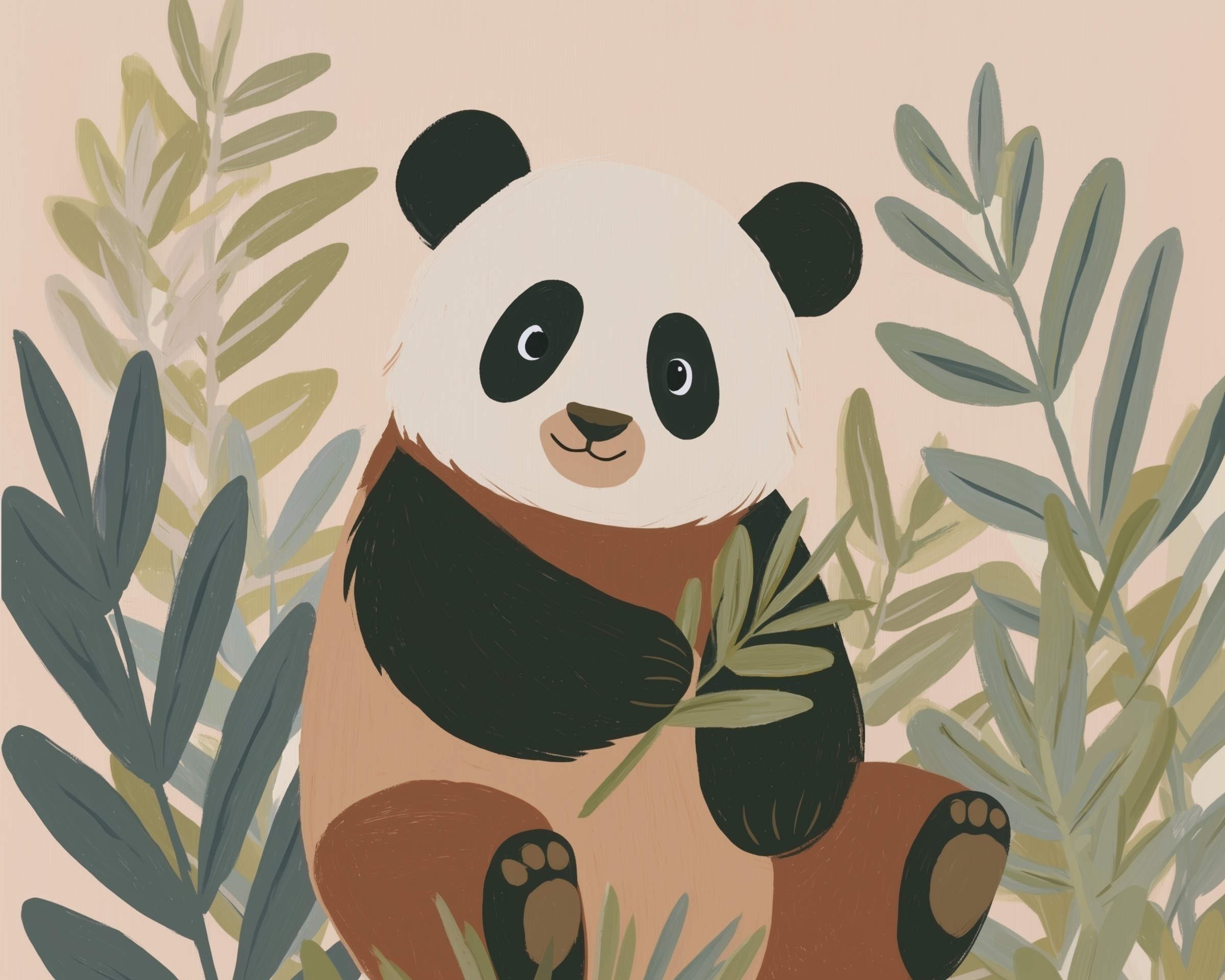 A cute illustration of a panda with black and white fur, sitting among lush green leaves, holding a small branch in its paw, against a soft beige background.
