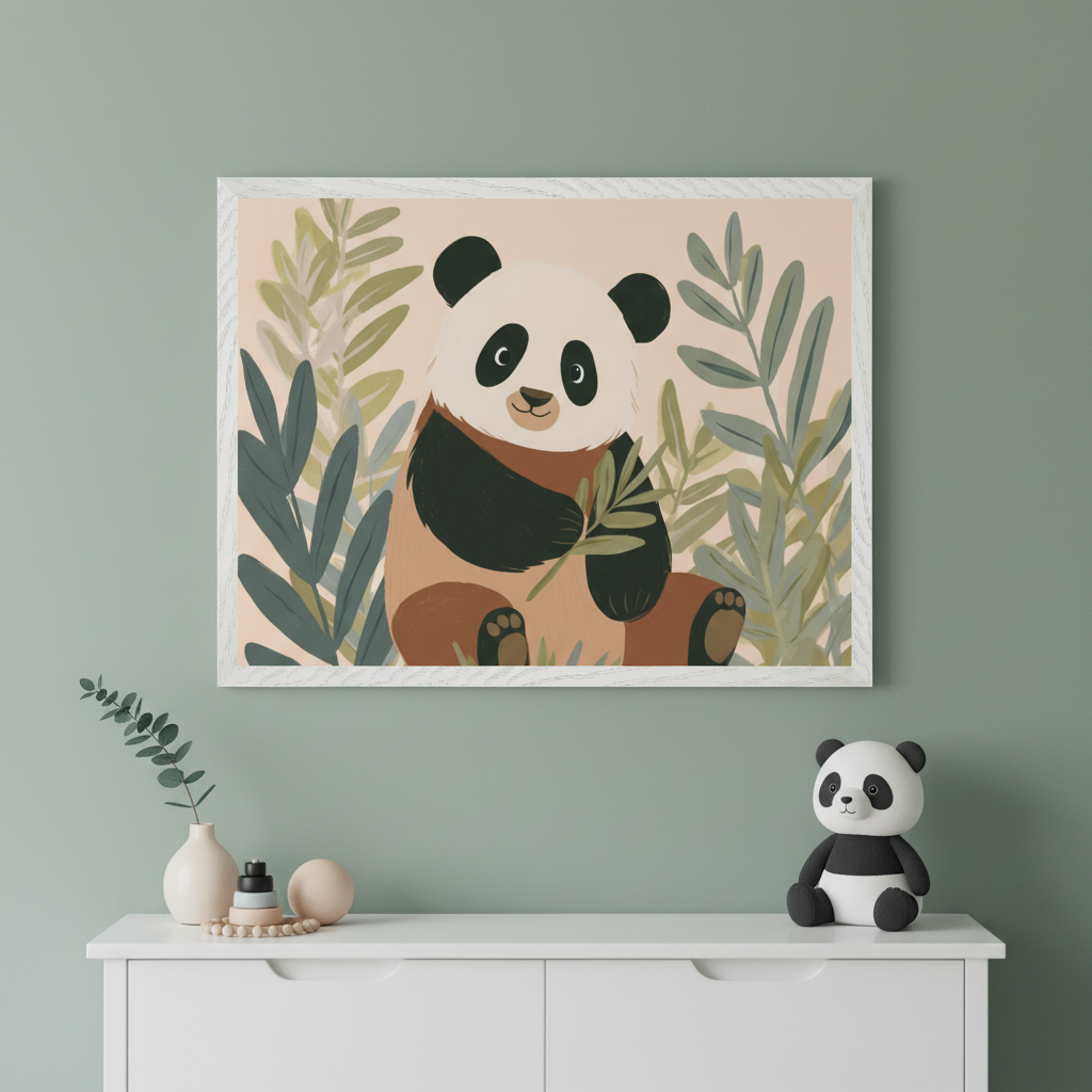 Framed illustration of a smiling panda sitting among leafy plants, holding a green stem against a soft peach background. Below the artwork, a white cabinet displays a panda plush toy, minimalist vases, and a wooden bead coaster.