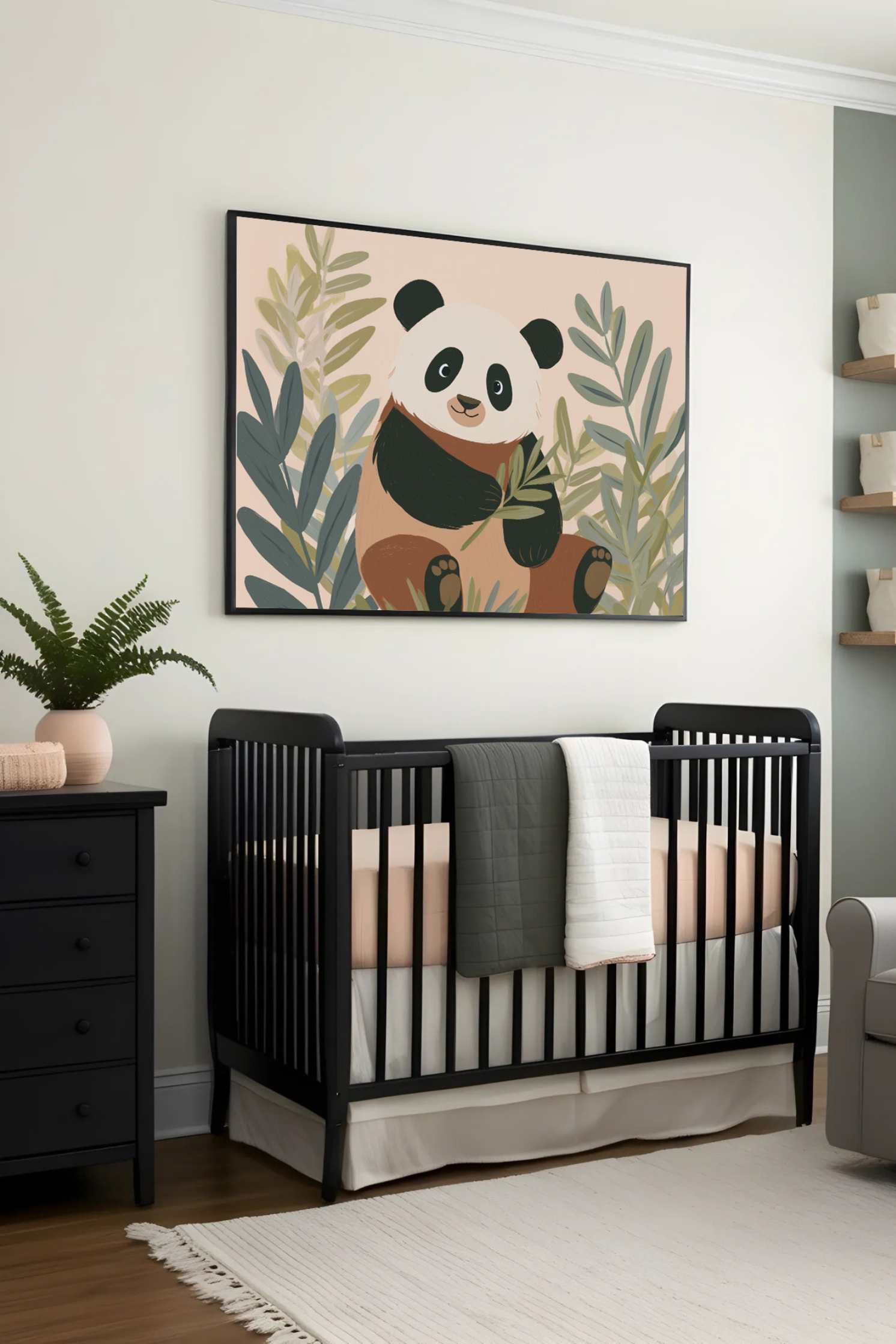 Woodland Panda Wall Art for Nursery, Playroom or Kids Bedrooms - Forest Animal Decor with Green Foliage - Panda Charm